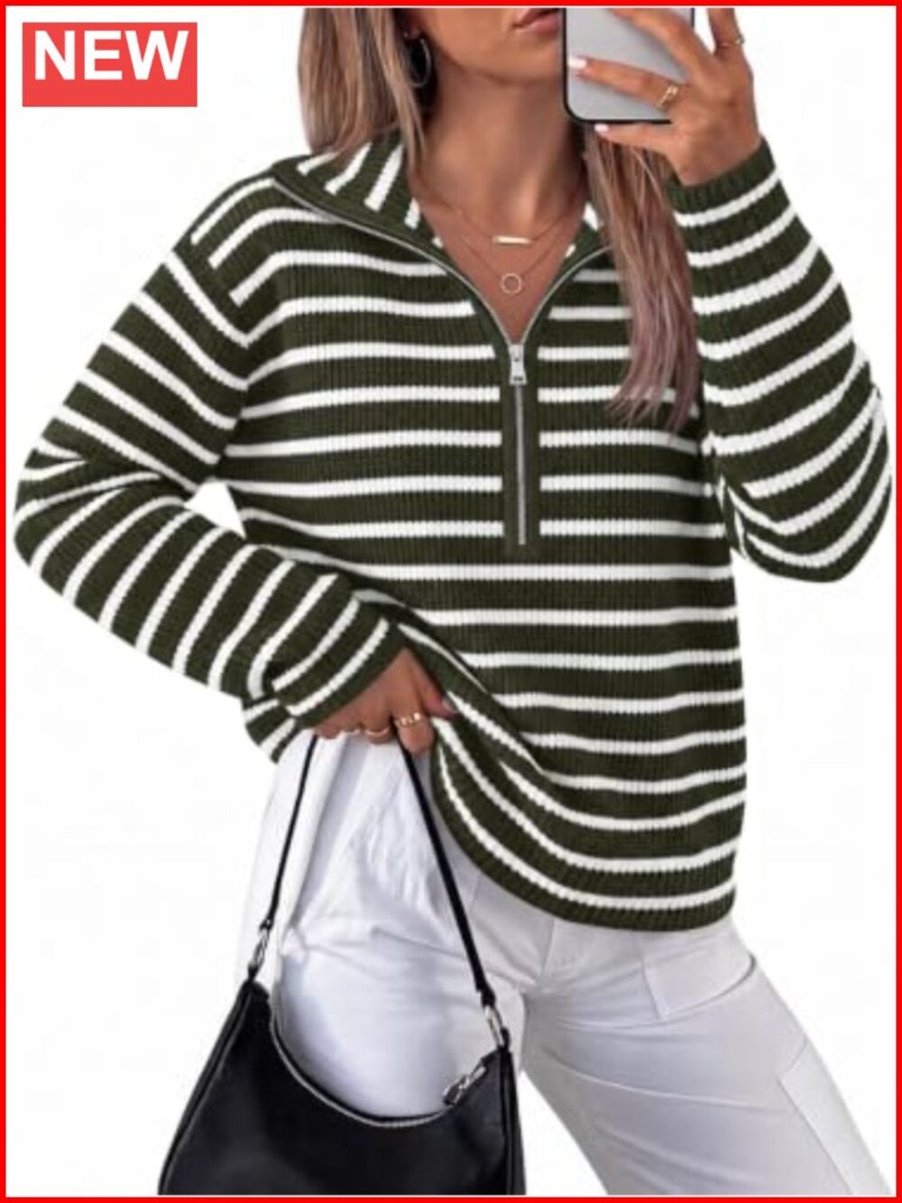 Womens Striped Half Zip V Neck Loose Knit Pullover Sweater Long Sleeve